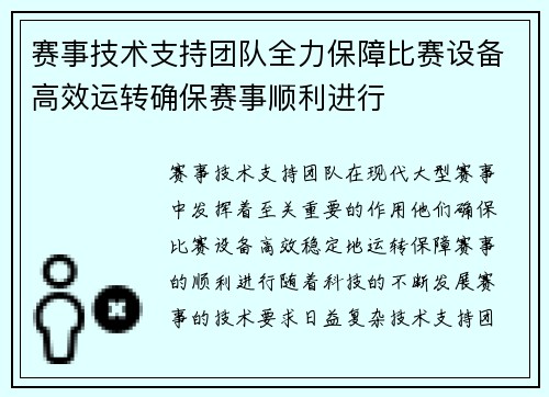 赛事技术支持团队全力保障比赛设备高效运转确保赛事顺利进行